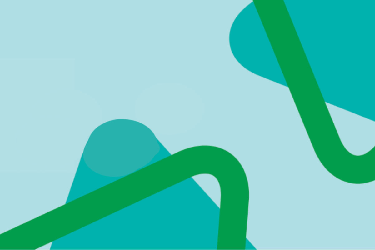 A minimalist abstract design featuring overlapping teal and green shapes on a light blue background.